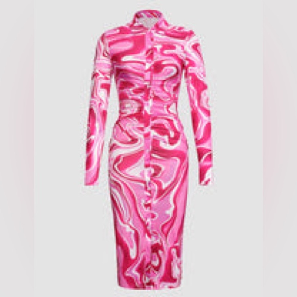 Abstract Swirl Ruched Pink Dresss